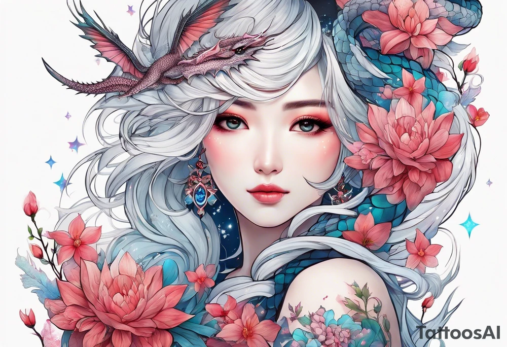 Constellation, wing , snow , cross , dragon female japan kawaii , flower tattoo idea