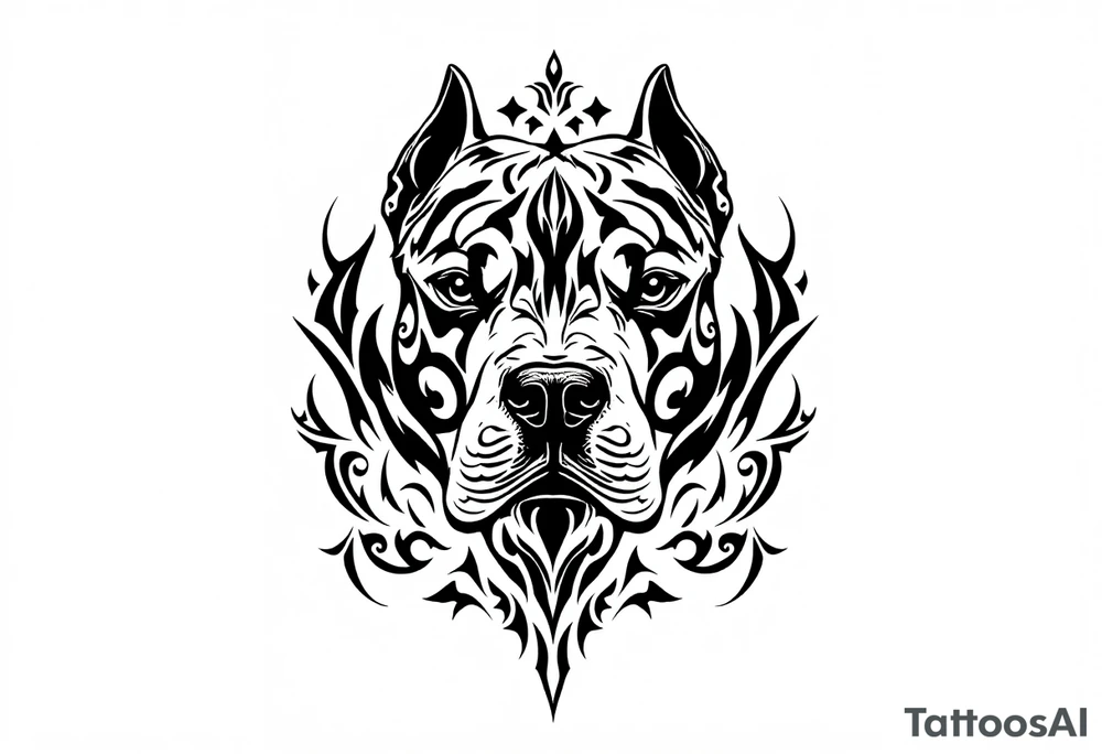 Realistic pitbull bust with tribal patterns, grayscale pitbull head seamlessly merging into black tribal swirls and geometric motifs. tattoo idea