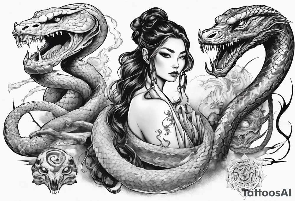 Beautiful magical Woman as a witch, surroundet by a snake and a japanese Dragon. tattoo idea