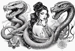 Beautiful magical Woman as a witch, surroundet by a snake and a japanese Dragon. tattoo idea