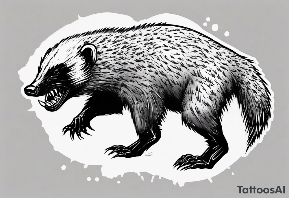 Angry, snarling, detailed full-length honey badger with numerous cuts tattoo idea