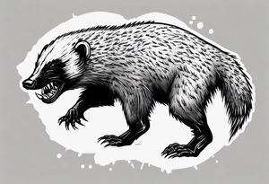 Angry, snarling, detailed full-length honey badger with numerous cuts tattoo idea