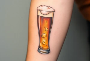 A tall, ice-cold beer glass with a thick white foam head, illuminated by warm amber and honey hues tattoo idea