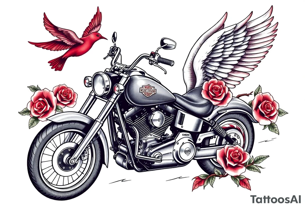Harley grey motorcycle driving away, two red birds flying, roses, flames, angel wings tattoo idea