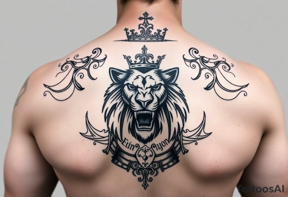 I have my name in fancy letters on my chest with a crown. I'd like to ad a left should tattoo of a roaring lion, and i want it to be a coat of armor. Kingly and heavenly armor tattoo idea