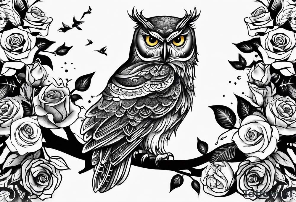 An owl, a rose,  lettering “but the greatest of these is love” tattoo idea