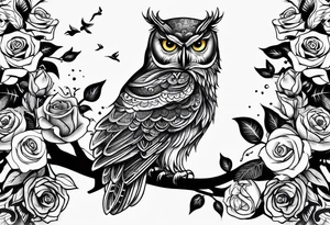 An owl, a rose,  lettering “but the greatest of these is love” tattoo idea