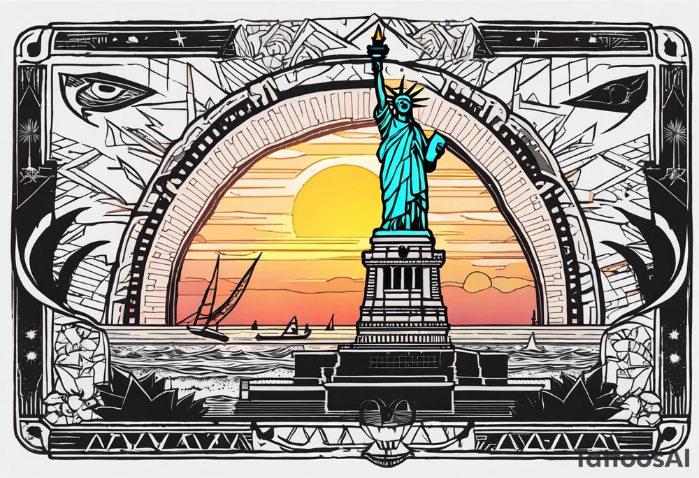 Bill Cipher
 Rick and Morty
 Statue of Liberty USA
 The amazon badge.
 Some kind of reference to engineering and architecture
 $ ₿£ ₿ € £ badges.
 Airplane ticket
 Palms
 Sunset
 Surfing
 Something Masonic: eye, hand with an eye, circlet
 Abstract lines
Words FREEDOOM, LOVE, TIME tattoo idea