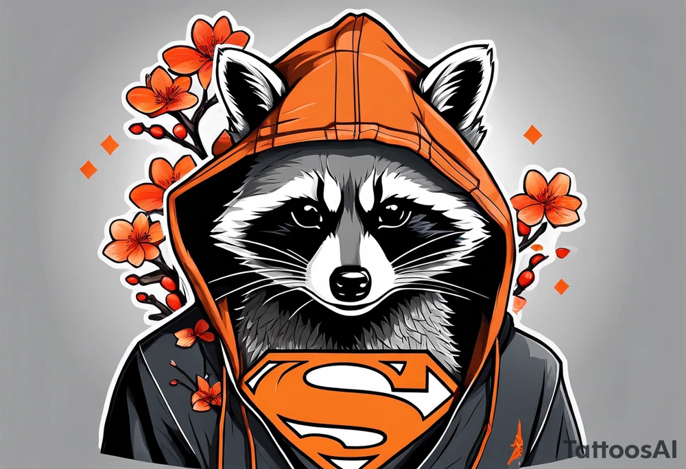Raccoon wearing a white Superman logo on a black hoodie and orange Japanese cherry blossoms tattoo idea