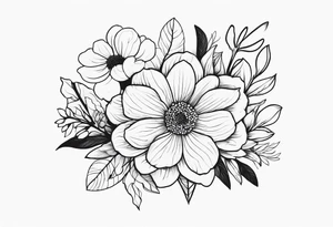 fine line  flowers surrrounded by greenary with powerful words some where in the tattoo more minimalist tattoo idea