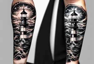 full sleeve tattoo with compass, lighthouse, bermuda triangle theme, crown and anchor dice, lightning in background tattoo idea