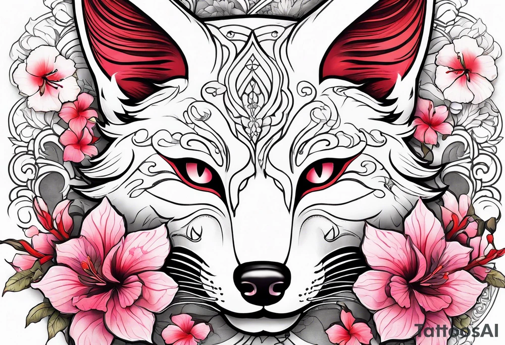 White japanese mask that looks like a kitsune with red accents and pink hibiscus flowers tattoo idea