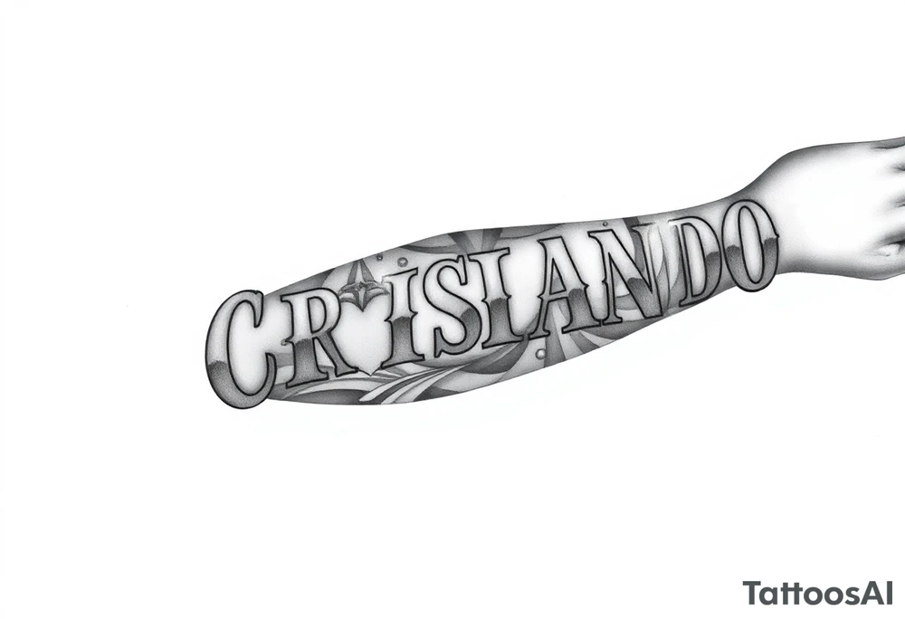Make a tattoo that is on the left arm sleeve with Christianity and make big letters of Armando and then regular size letters with the name Kassie Brooke AJ Nova-Lee Ava-Lynn tattoo idea