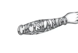 Make a tattoo that is on the left arm sleeve with Christianity and make big letters of Armando and then regular size letters with the name Kassie Brooke AJ Nova-Lee Ava-Lynn tattoo idea
