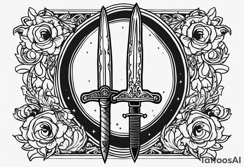 Sketch of a sword in gothic style with added creepy elements and the inscription “get rich” tattoo idea