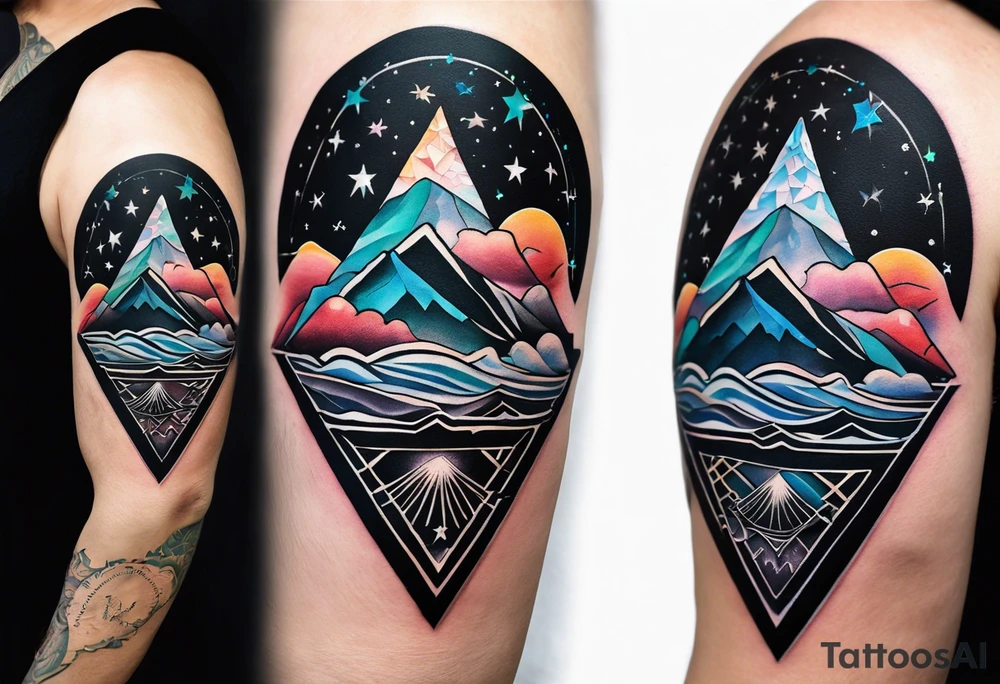 Übersetzter Text
tattoo fineline style, black, no fill, säntis mountain massif, water wave, a large semi-circle with two small colored stars frames the mountain peak, an open diamond as a geometric shape with dashed lines surrounds everything with the water overhanging the diamond, tattoo idea