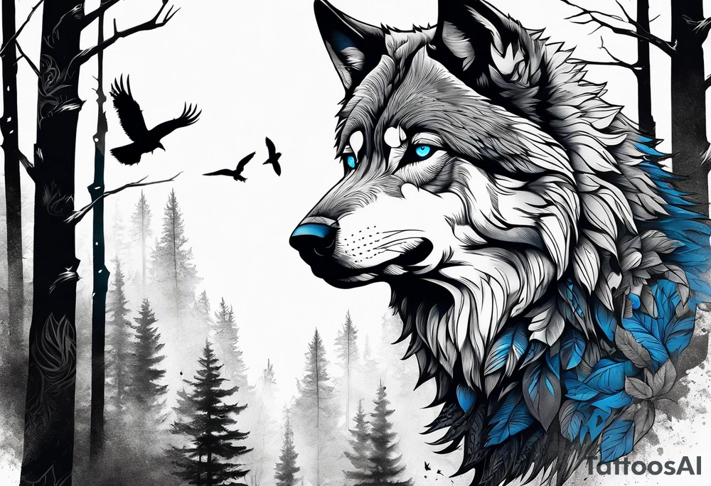 main character an impressive blue-eyed wolf, a crow talks to the wolf, background a gloomy forest tattoo idea