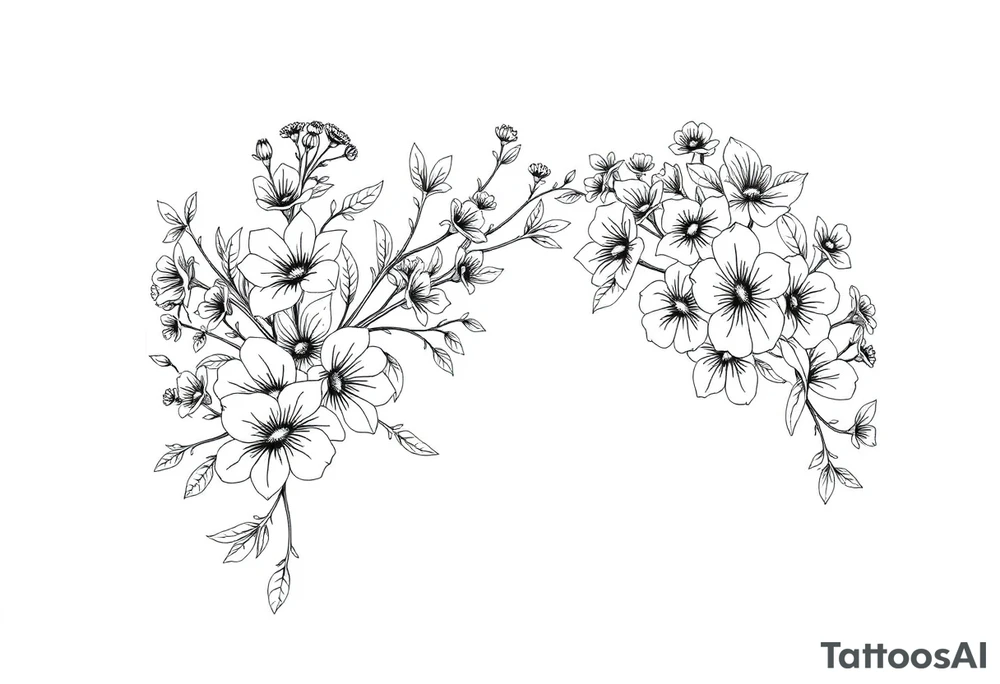 Full sleeve tattoo design of larkspur and hawthorn flowers, highly detailed line art, black ink, elegant botanical style, intertwined composition, no shading, no human mock-up, clean stencil style suitable for tattooing, fit fully within boundaries. LINE ART ONLY, REMOVE HUMAN, NO SKIN tattoo idea