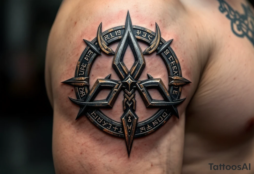 A heavy, Viking-style triskelion with a weathered iron or bronze texture, detailed with runes and Norse knotwork. Dark silver, deep copper, and black shading create a rugged, ancient look, symbolizing strength, resilience, and fate. tattoo idea