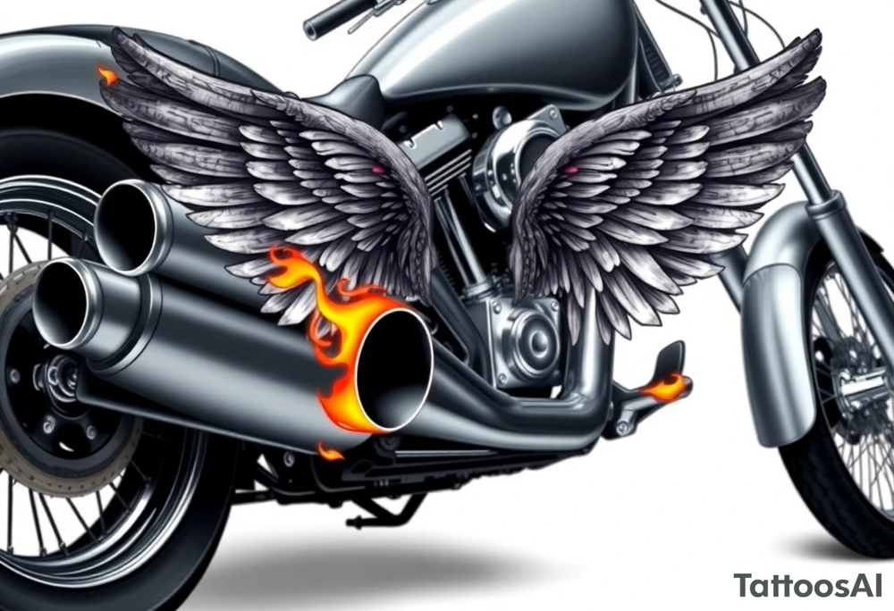 Low rider grey motorcycle, big muffler pipes with flames, angel wings tattoo idea