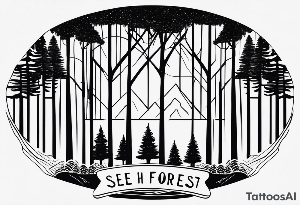 Tattoo with the words "see the forest for the trees" in any style font, around a tree in any way. black and white, tattoo, simple, elegant, pine tree, fine-line tattoo idea