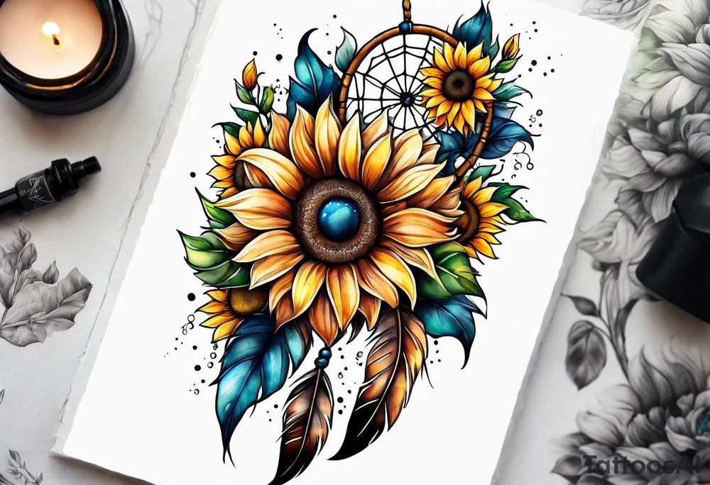 Dreamcatcher and sunflowers forearm sleeve tattoo idea
