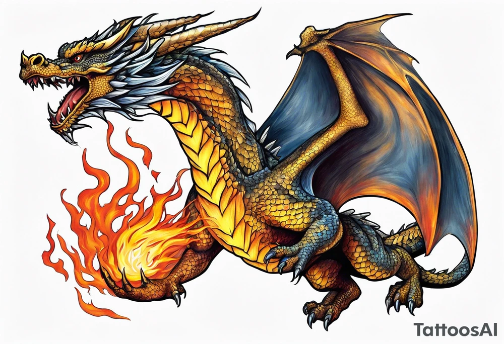Flying dragon, fire around tattoo idea