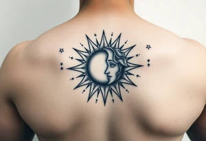 celestial sun and moon embrace with constellation patterns tattoo idea