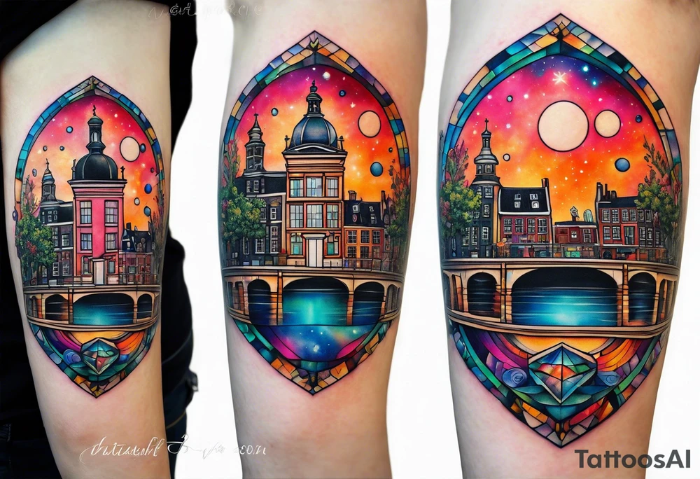 tattoo of glass animals in Amsterdam canal featuring colours of galaxies and the universe tattoo idea