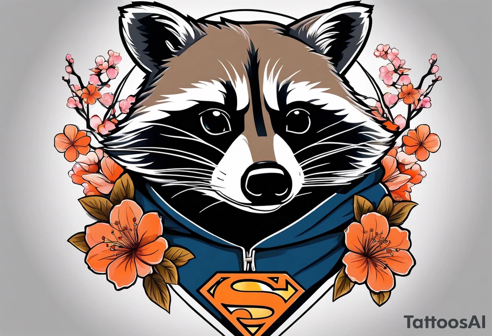 Raccoon wearing a white Superman logo on a black hoodie and orange Japanese cherry blossoms beside tattoo idea