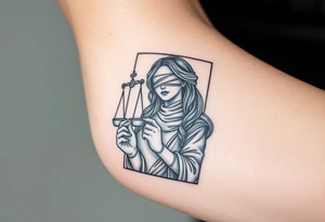 Fortuna's card as a beautiful woman with eyes covered with material, holds a scale in her hands. This character have to be in a card/frame tattoo idea