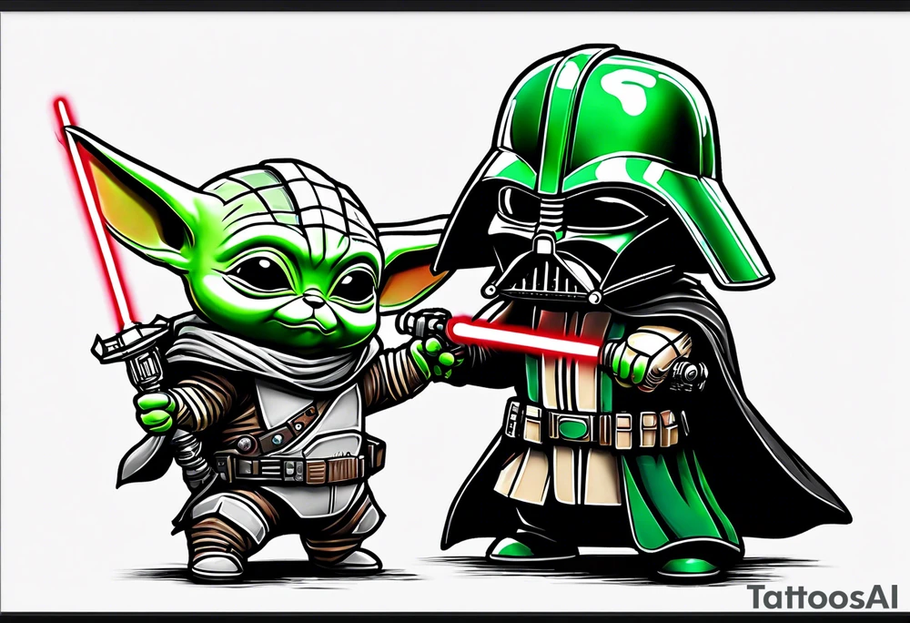 Baby grogu fighting Darth Vader while wearing mandalorian armor wielding a green lightsaber tattoo idea