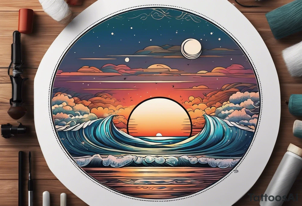 Circle shape, inside sunset and ocean drawing with retro look tattoo idea