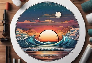Circle shape, inside sunset and ocean drawing with retro look tattoo idea