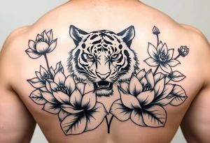 fierce tiger emerging through blooming lotus flowers in mist tattoo idea
