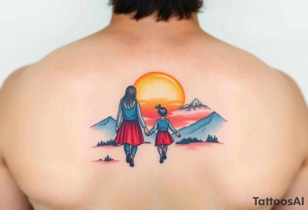 Family 2 parents, 1 baby boy, one 3-year girl walking through the the sunset and mountains tattoo idea