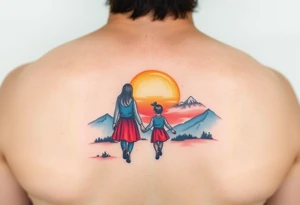 Family 2 parents, 1 baby boy, one 3-year girl walking through the the sunset and mountains tattoo idea