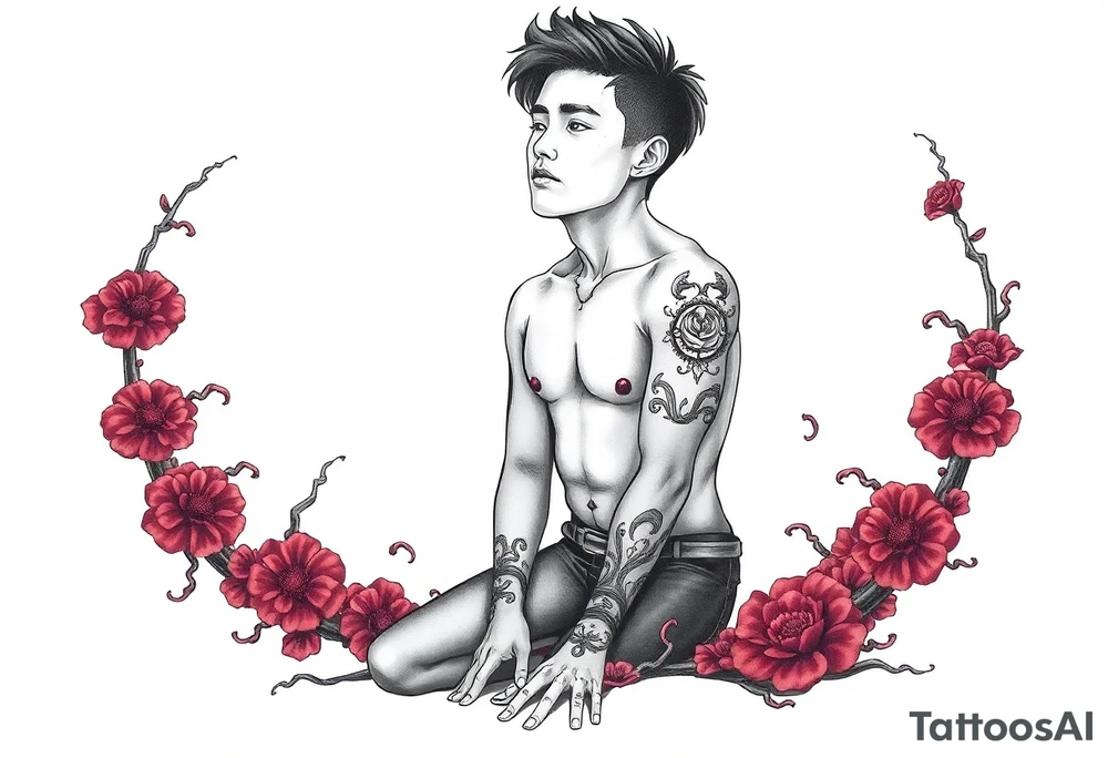 Handsome Asian young guy is standing on his knees and looking down tattoo idea