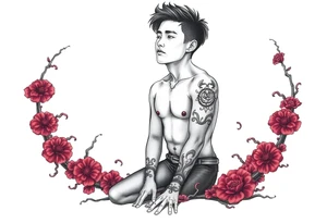 Handsome Asian young guy is standing on his knees and looking down tattoo idea