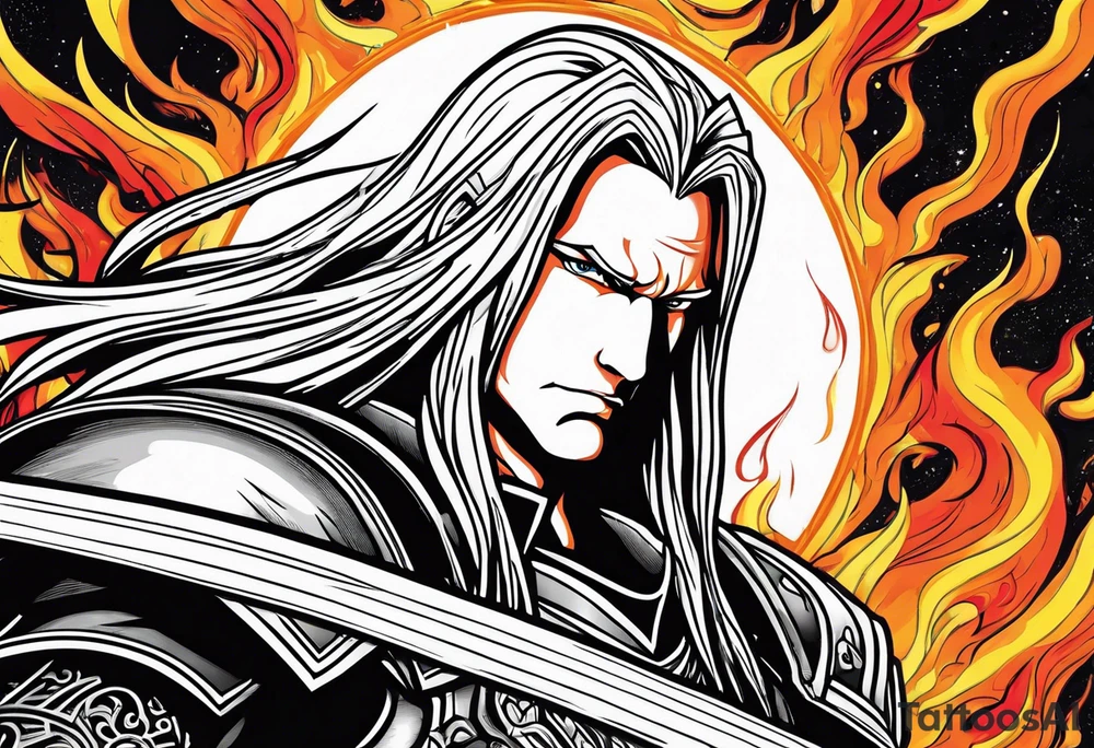 Sephiroth in flames with his sword and armour tattoo idea