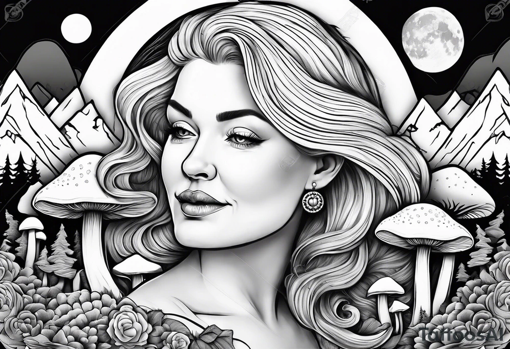 Older blonde fat woman no makeup surrounded by mushrooms mountains crescent moon background tattoo idea
