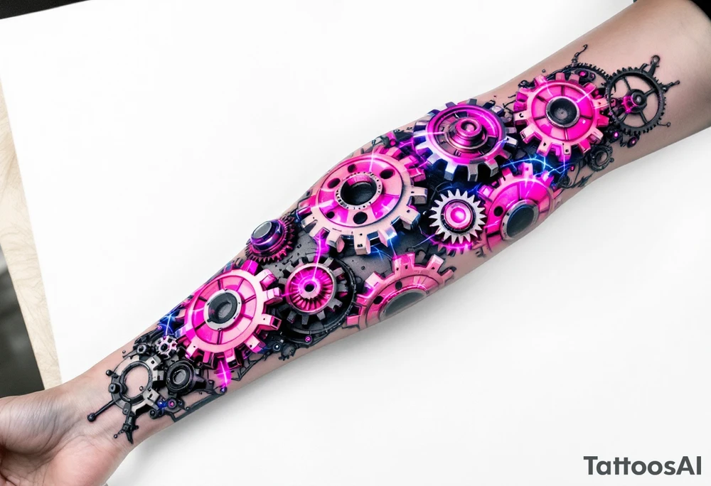 A biomechanical arm tattoo where gears spin under translucent synthetic skin lit with pink and cobalt blue veins. tattoo idea