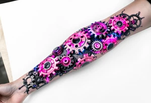 A biomechanical arm tattoo where gears spin under translucent synthetic skin lit with pink and cobalt blue veins. tattoo idea