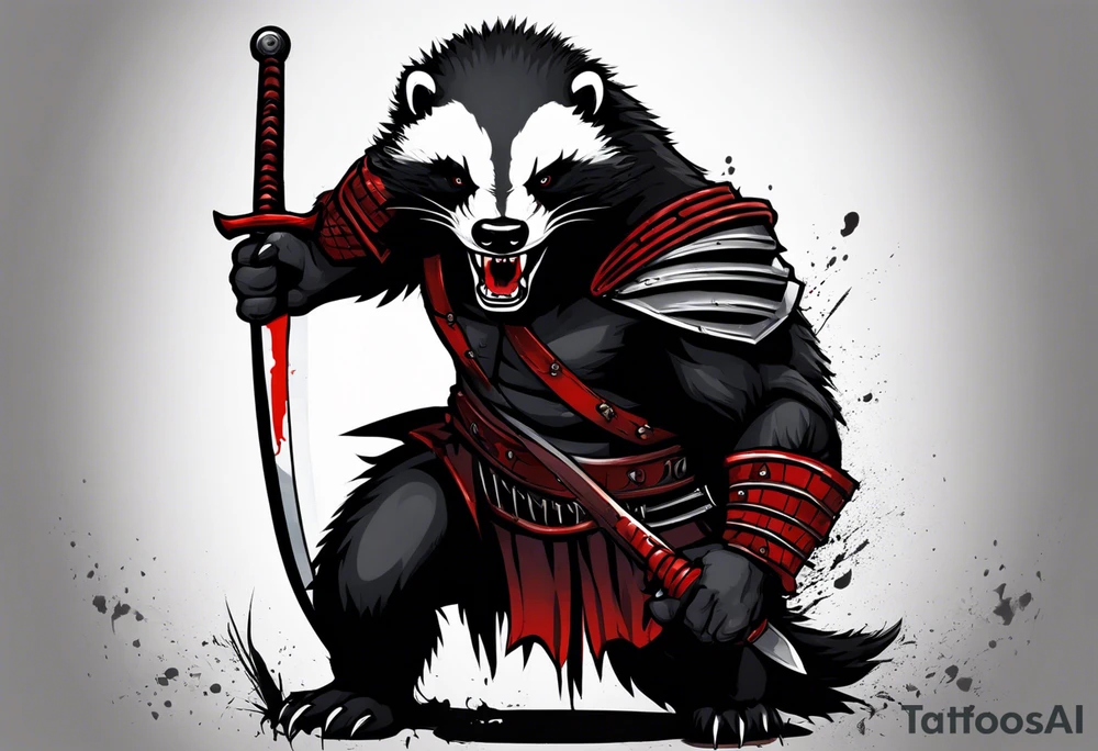 Draw me psychopath Honey Badger/Berserker with aggressive full body, killer face with a scary smile, very long nails and he attacks like a Bloody Assassin/Warrior/Gladiator to us and also, he has very deadly looking. He fights with his nails. Everybody scares after their first sight. Give me horror type Badger Tattoo. I want to see his Realistic full body with no weapons. You can show destruction at the back. tattoo idea