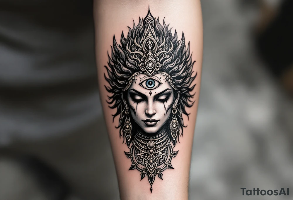 beautiful dmt deity with 3rd eye open tattoo idea