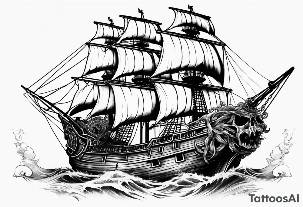 pirate ship with large skull covering the bow of the ship being overtaken by a kraken tattoo idea