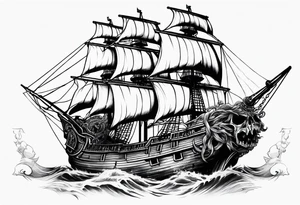 pirate ship with large skull covering the bow of the ship being overtaken by a kraken tattoo idea