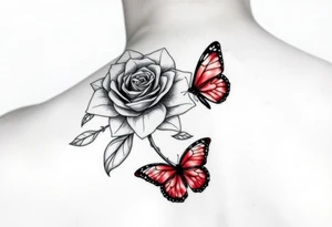 Rose and daffodil with 2 red butterflies one larger than other female tattoo on shoulder/chest tattoo idea