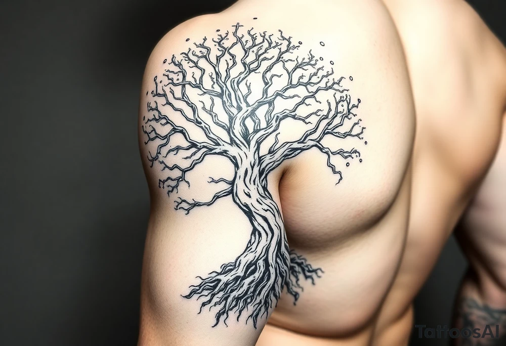 mystical tree of life with cosmic roots and celestial branches tattoo idea