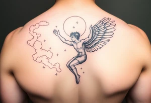 Icarus falling from the sky with clouds around him tattoo idea